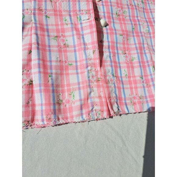 Vintage 70's Pink Plaid Button-Up Blouse Floral Print Puff Sleeves Handmade - Picture 8 of 11